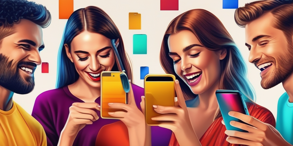 Люди с энтузиазмом делятся контентом на своих телефонах.