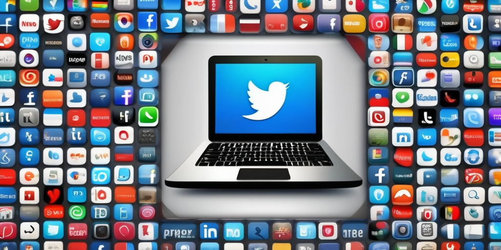 Ноутбук с коллажем популярных приложений социальных сетей.