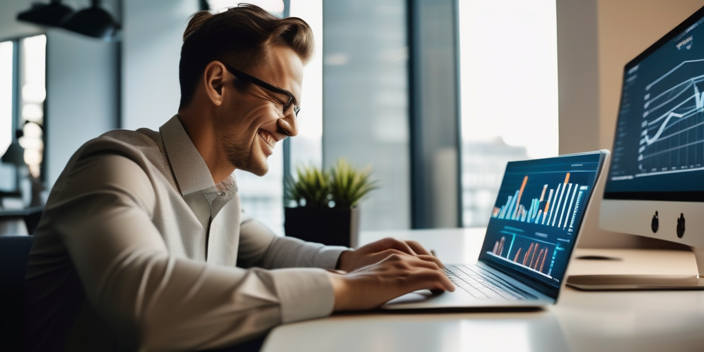Человек работает за ноутбуком, радостно улыбаясь, окруженный графиками трафика и заработка.