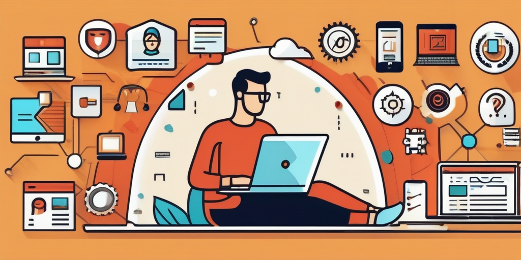 Человек работает за ноутбуком, окруженный иконками цифрового маркетинга.