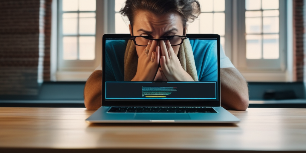 Человек, раздраженно смотрящий на загрузочный экран ноутбука, символизирующий медленную загрузку сайта