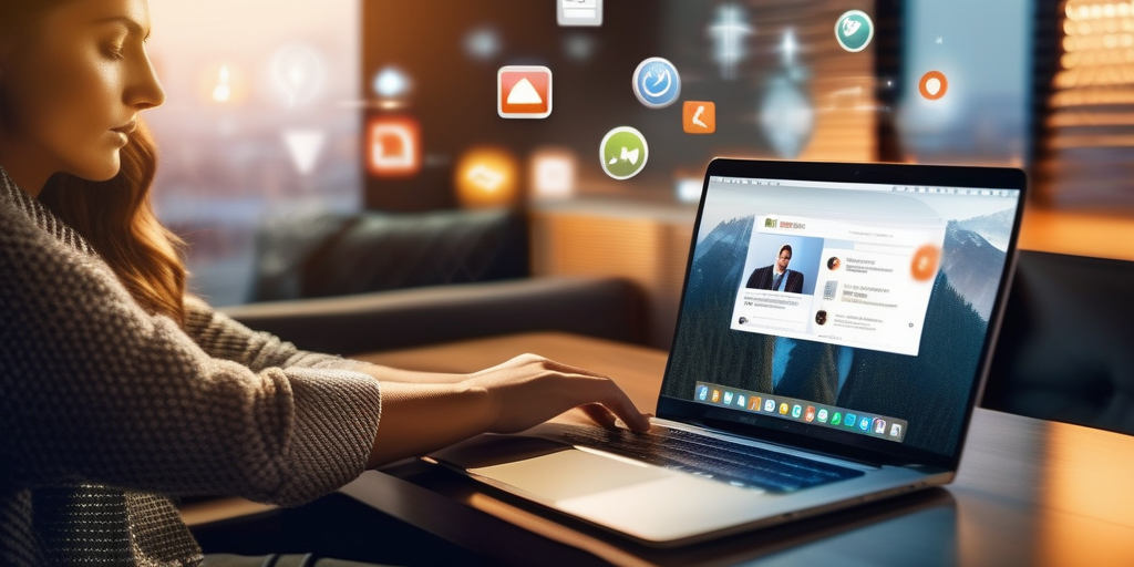 Маркетолог, работающий за компьютером с иконками социальных сетей.