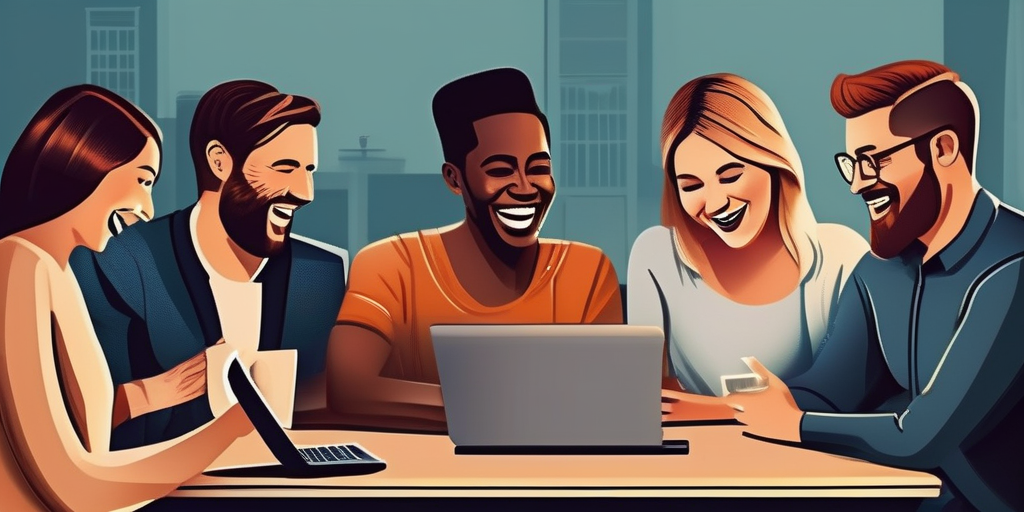 Группа людей смеется и общается вокруг стола с ноутбуками и смартфонами