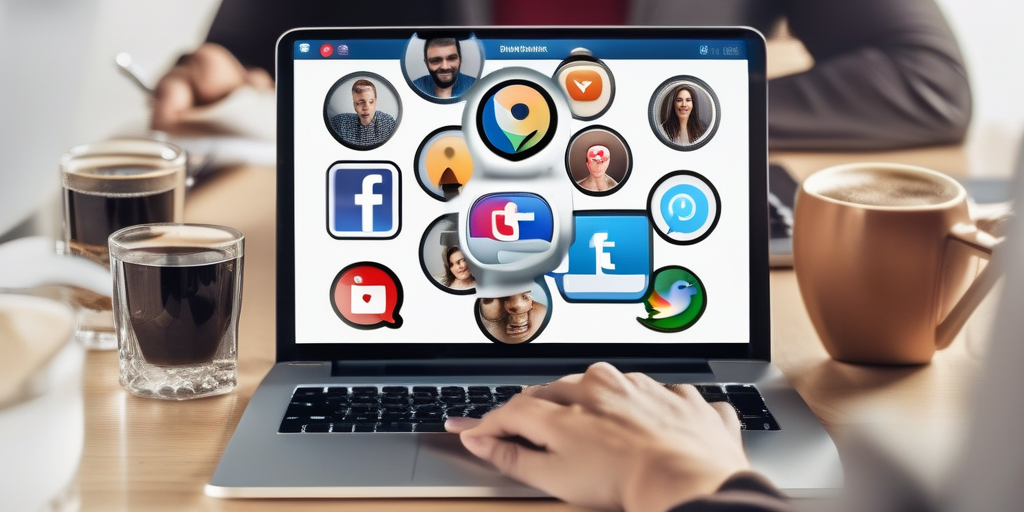 Коллаж, изображающий различные иконки социальных сетей и человека, улыбающегося во время работы на ноутбуке, символизирующее построение онлайн-сообщества.