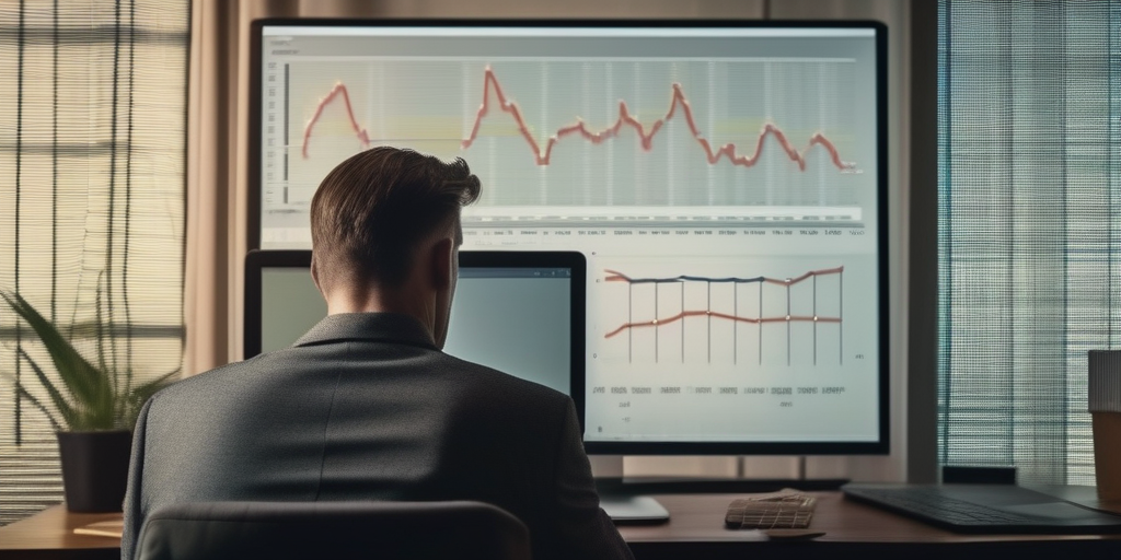 Озадаченный человек смотрит на экран ноутбука с графиком доходов и расходов.