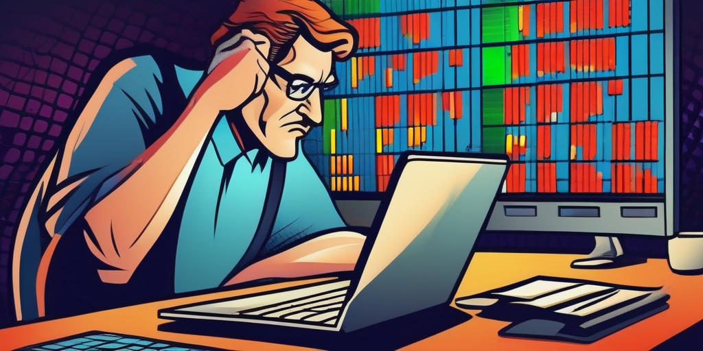 Растерянный вебмастер, смотрящий на графики на ноутбуке.