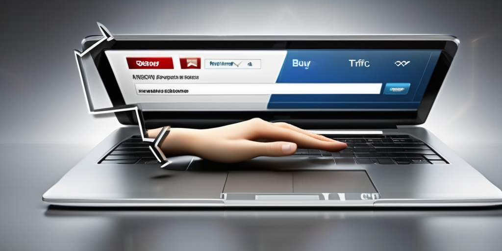 Рука нажимает кнопку 'купить трафик' на ноутбуке.