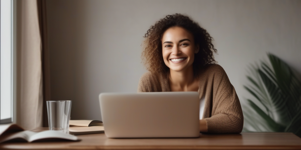 Человек улыбается, работая на ноутбуке в уютной комнате