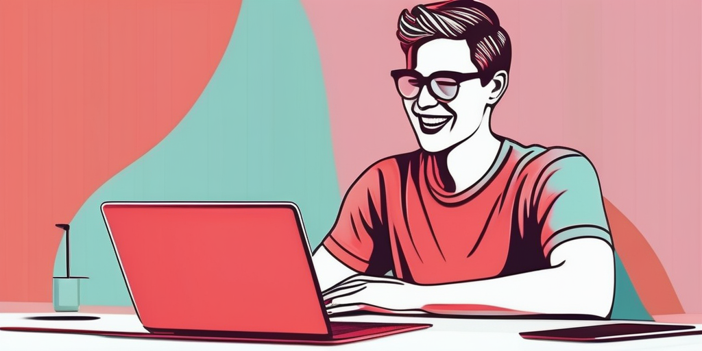 Человек работает на ноутбуке и улыбается, символизируя заработок в интернете