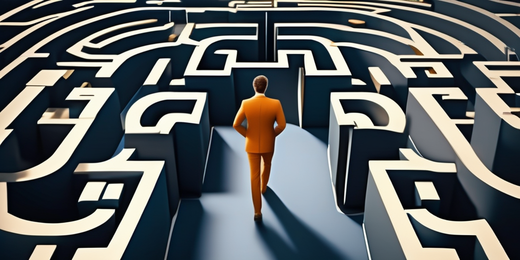 Иллюстрация, показывающая человека, уверенно преодолевающего лабиринт, символизирующий юридические и этические сложности онлайн заработка