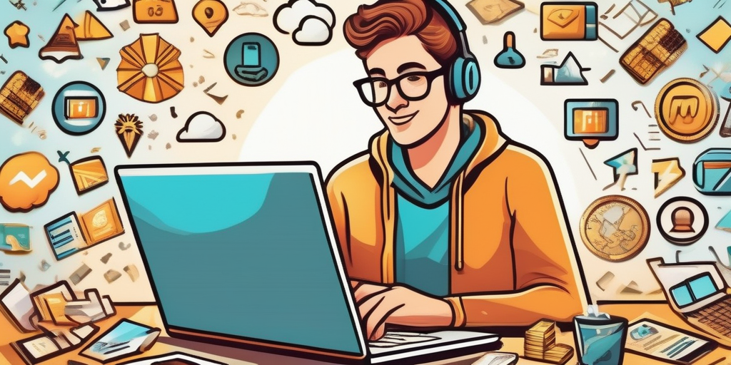 Молодой человек с энтузиазмом работает на ноутбуке, символы онлайн-заработка