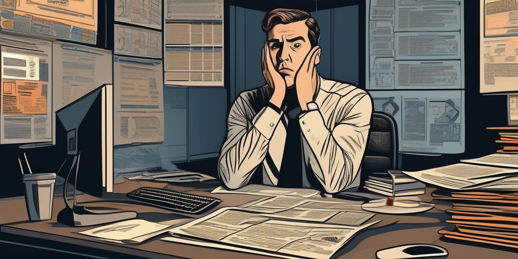 Уставший человек за компьютером, окруженный рекламой