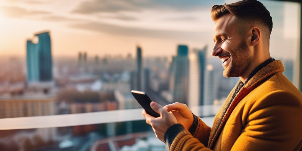 Парень счастливо смотрит на заработок с мобильного телефона