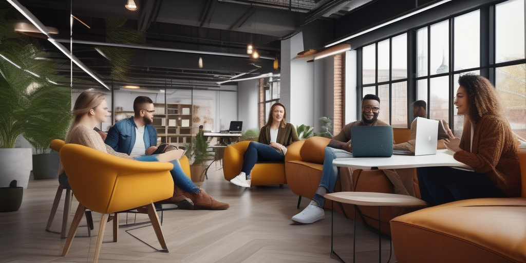 Группа людей, работающих вместе в коворкинге