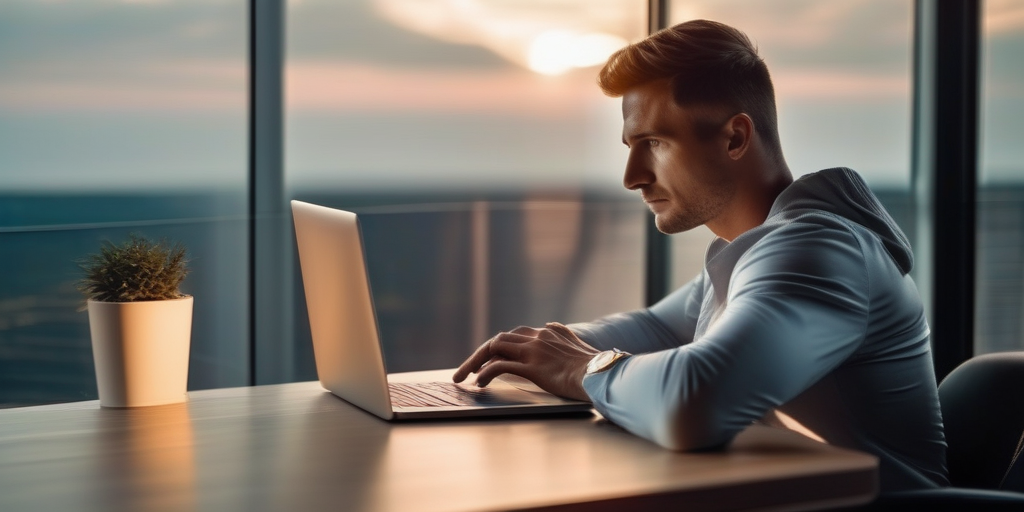 Человек смотрит на яркий горизонт с ноутбуком в руке, символизируя потенциал онлайн-дохода.