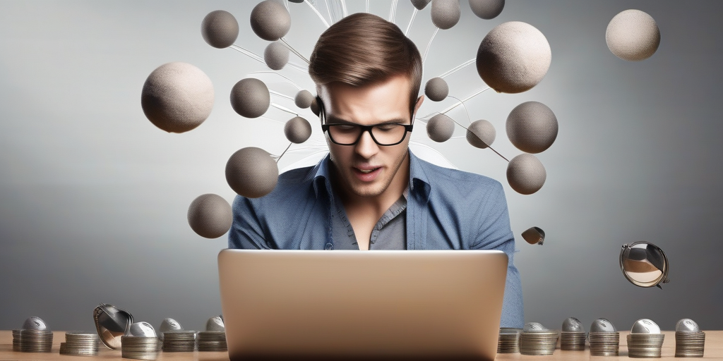 Стилизованная иллюстрация человека, одновременно жонглирующего несколькими онлайн-задачами, символизирующая управление временем и производительность в контексте онлайн-заработных возможностей.
