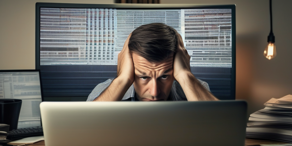 Мужчина в замешательстве смотрит на экран компьютера с рекламой.