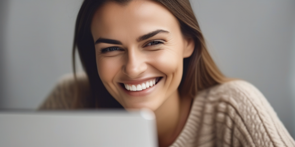 Человек смотрит на ноутбук, улыбаясь с решимостью