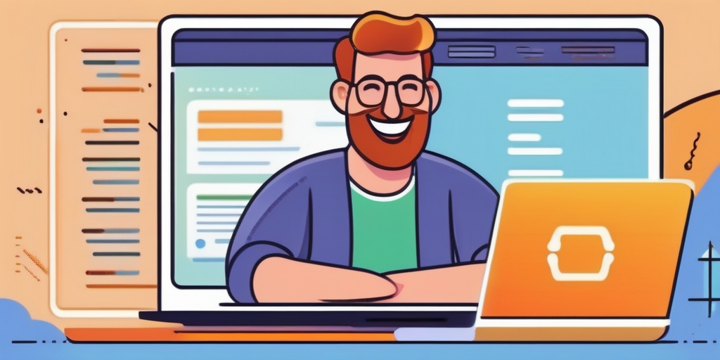 Счастливый человек смотрит на ноутбук с рекламой