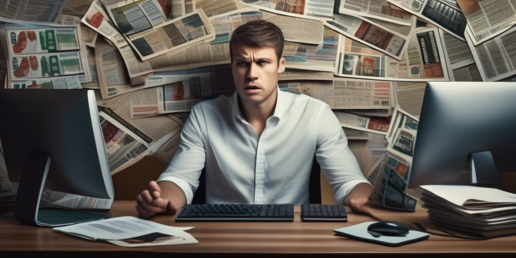 Человек, испытывающий затруднения при онлайн-заработке, окруженный рекламой.