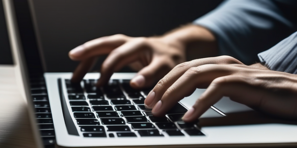 Руки набирают текст на ноутбуке, символизируя онлайн работу