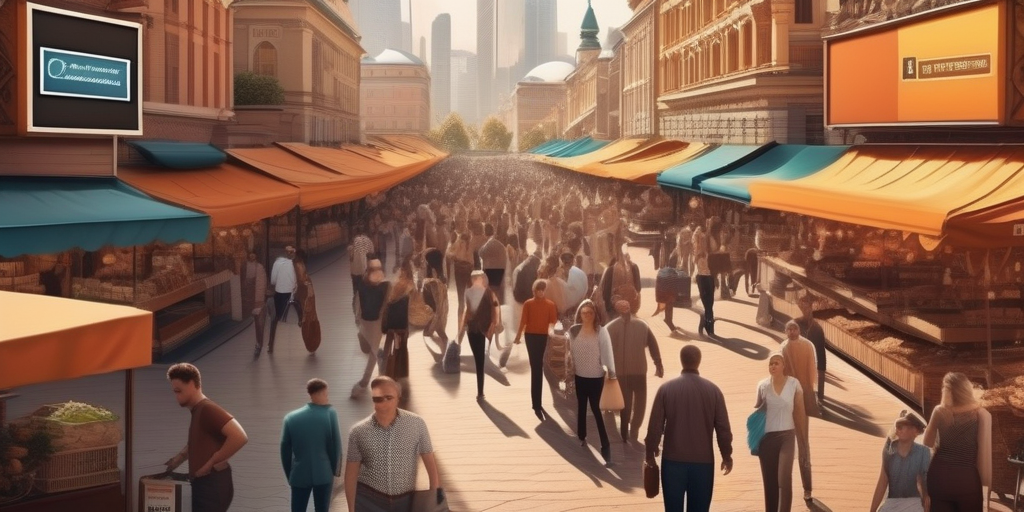 Графическое изображение оживленного рынка с цифровыми баннерами и иконками, символизирующее платформу обмена трафиком.