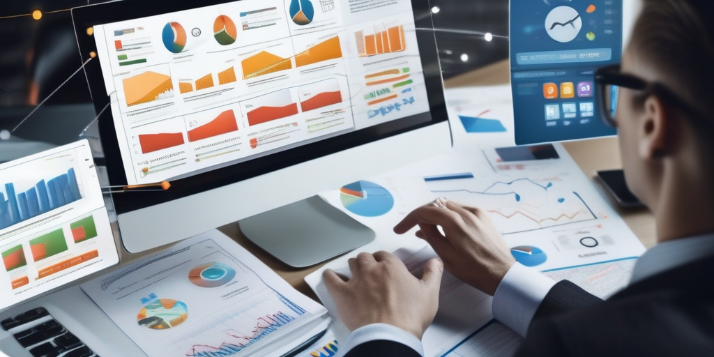 Человек анализирует графики и диаграммы на ноутбуке, окруженный иконками различных источников трафика.