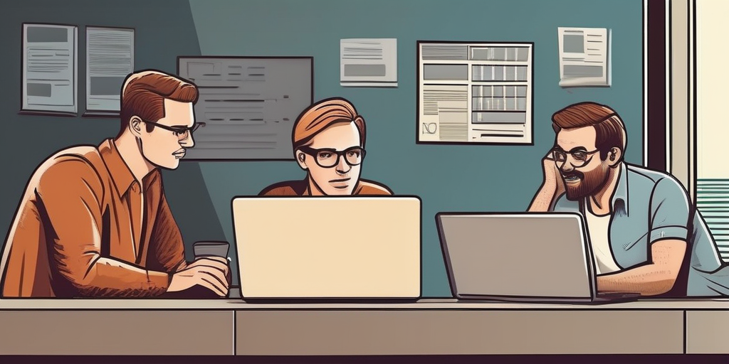 Группа веб-мастеров, работающих вместе за ноутбуками.