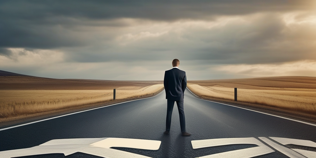 Человек стоит перед развилками дорог, символизируя выбор платформы обмена трафиком для email-маркетинга.