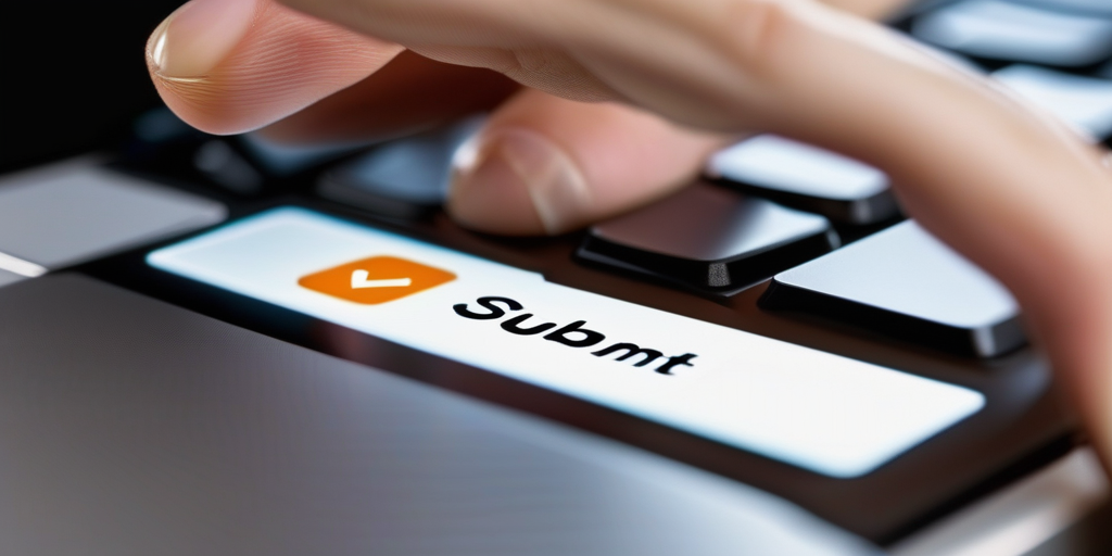 Рука нажимает кнопку 'отправить' на экране ноутбука.