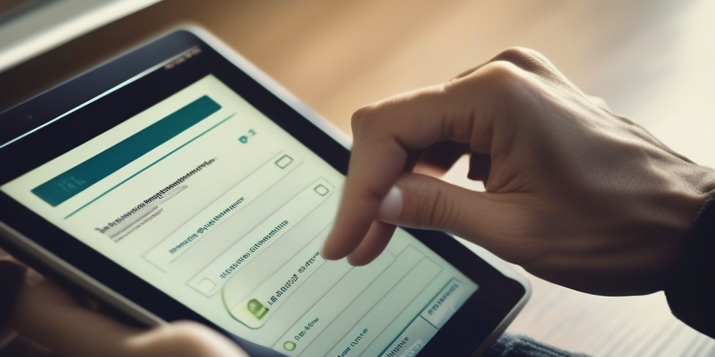 Крупный план руки, нажимающей кнопку на планшете, на экране – вопросы онлайн-опроса. Акцент на интерактивность онлайн-опросов.