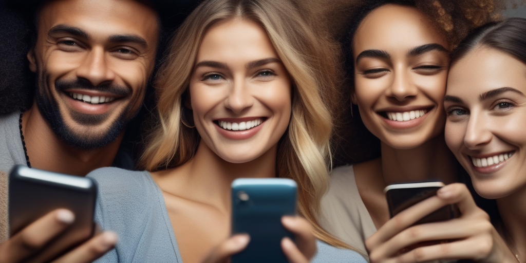 Разнообразная группа людей улыбается и взаимодействует со своими смартфонами, представляя различные демографические группы, участвующие в онлайн-опросах.