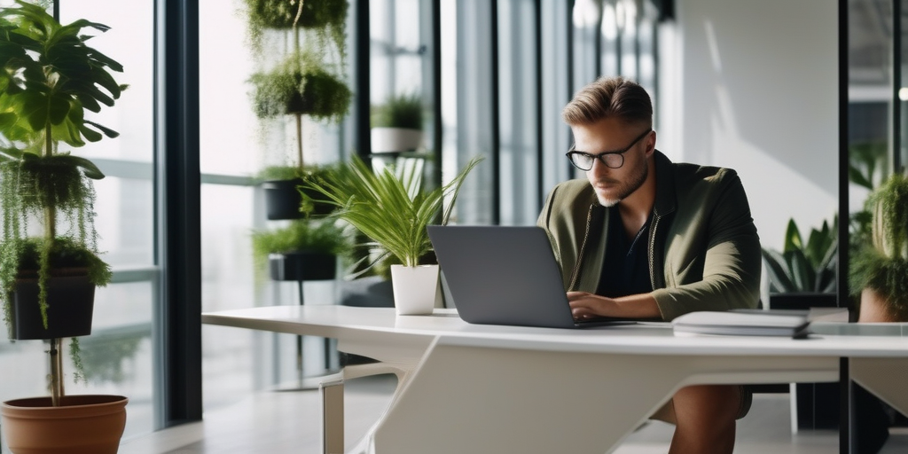 Человек работает на ноутбуке в современном офисе, подчеркивая баланс между работой и отдыхом.