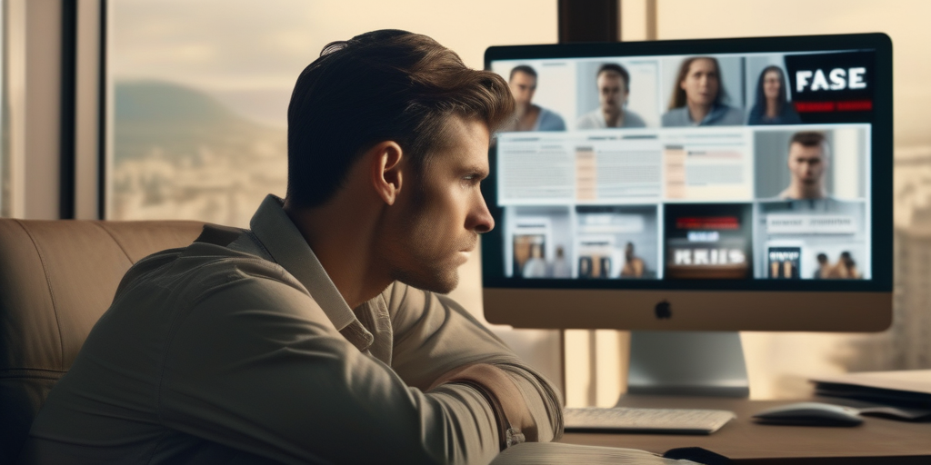 Человек, смотрящий на экран ноутбука, расстроенный, вокруг реклама и баннеры.