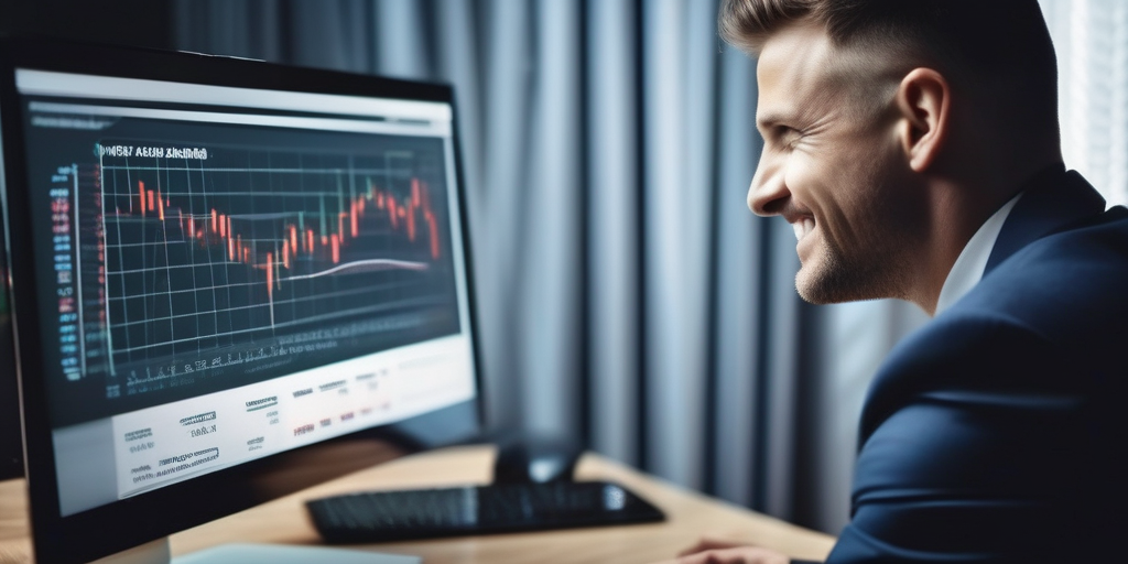 Человек смотрит на экран компьютера с графиком роста дохода, показывающим заработок в интернете.