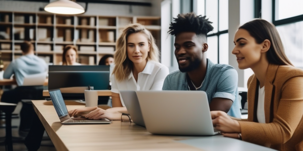 Молодые люди работают вместе над ноутбуками в современном коворкинге