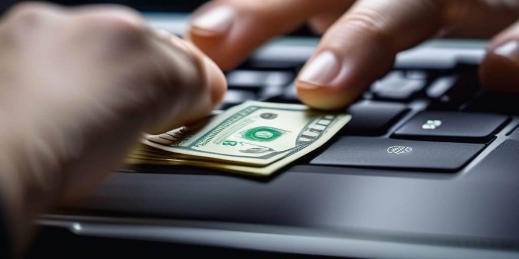 Руки печатают на ноутбуке, зарабатывая деньги