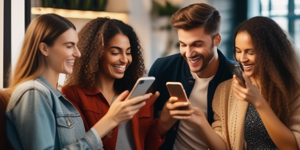 Люди смотрят в телефоны с радостью и предвкушением заработка