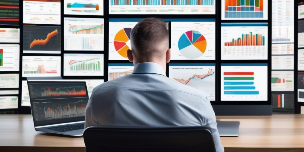 Владелец интернет-магазина, растерянный от большого количества данных на экранах.