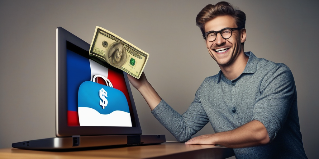 Счастливый человек с ноутбуком и мешком денег.