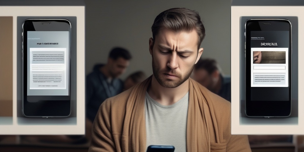 Человек с расстроенным видом смотрит на плохо отображаемый сайт на смартфоне.