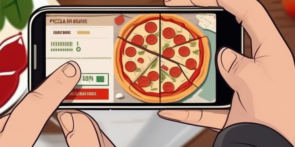 Человек использует смартфон для поиска пиццерии рядом с ним, на экране отображается карта.