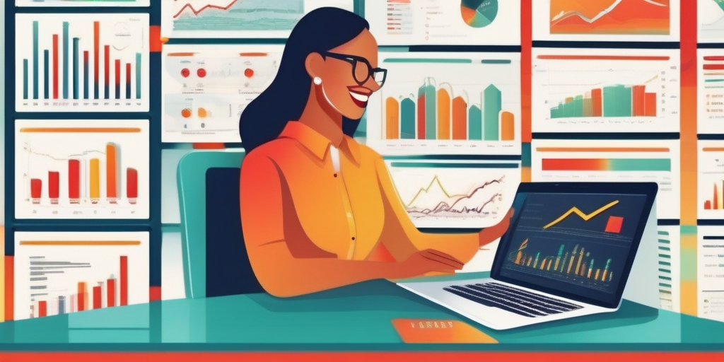 Человек счастливо использует ноутбук, окруженный графиками трафика сайта