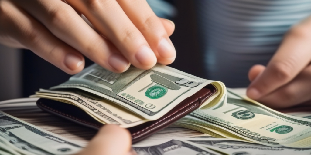 Рука кладет деньги в цифровой кошелек, иллюстрация заработка в интернете