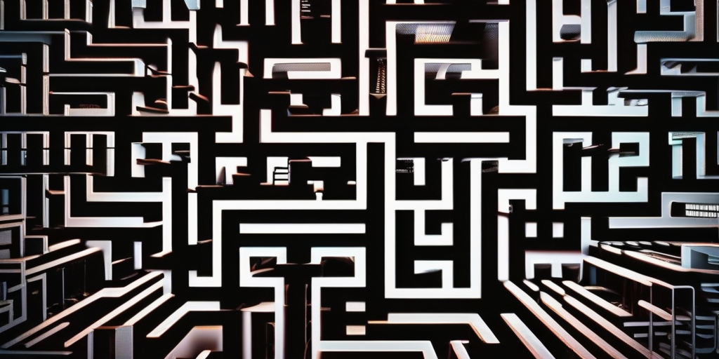 Лабиринт компьютерного кода, представляющий онлайн-мошенничество и ловушки.