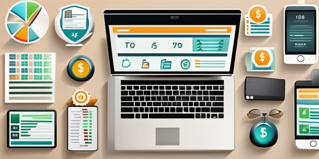 Коллаж иконок для заработка в интернете: деньги, ноутбук, смартфон, графики.