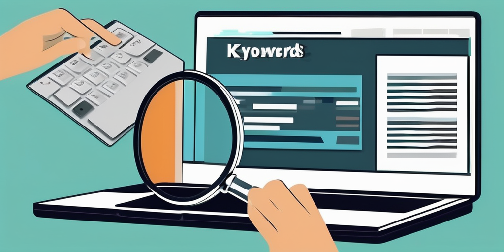 Лупа фокусируется на списке ключевых слов, отображаемых на экране ноутбука