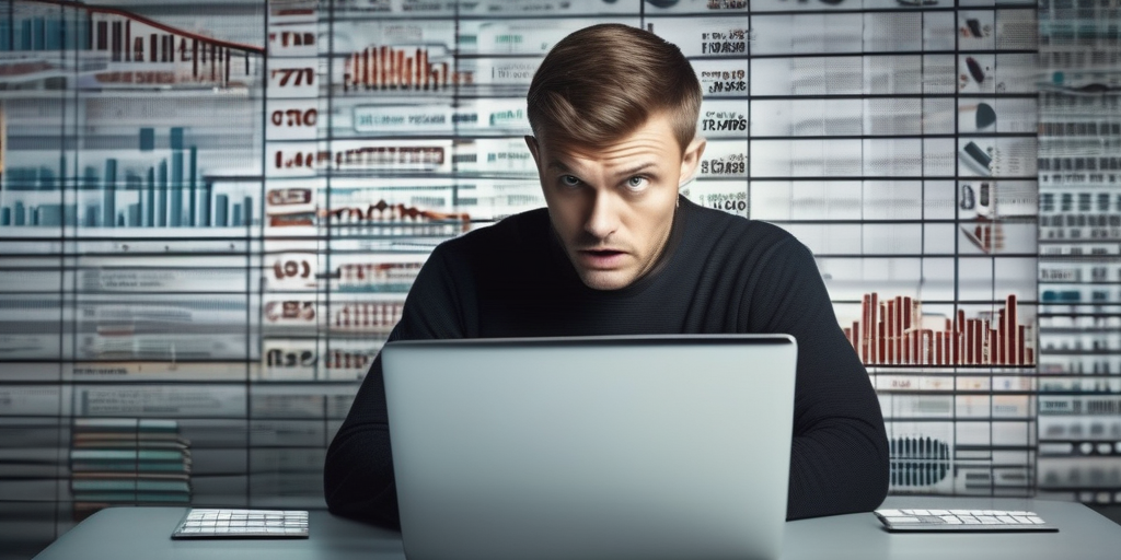 Человек смотрит на экран ноутбука, окруженный доменами и графиками трафика.