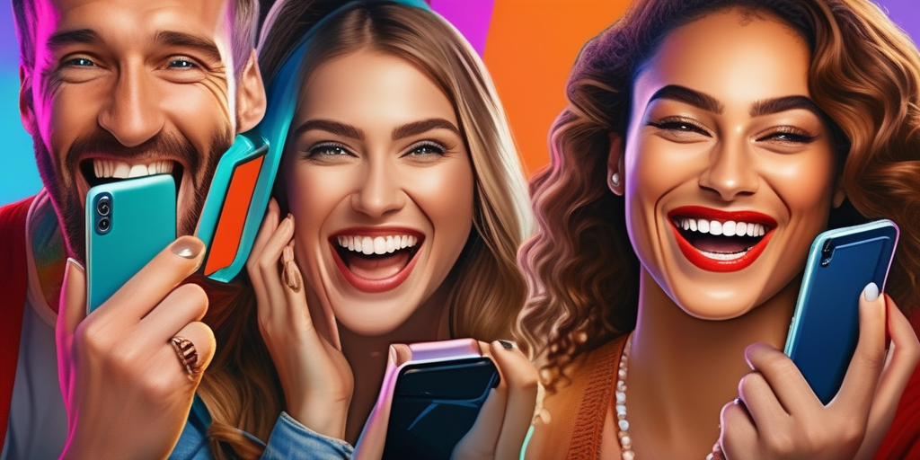 Люди смотрят и делятся смешными видео на телефонах.