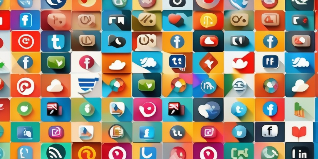 Коллаж красочных иконок социальных сетей, расположенных в визуально привлекательном порядке
